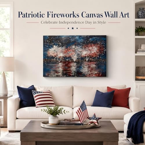 Image of Patriotic 4th of July Fireworks Framed Canvas Wall Art, Red White Blue City Night Skyline Painting, Independence Day Holiday Decor for Living Room, Bedroom, Kitchen and Home Decoration