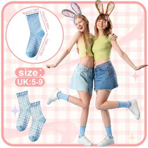 Image of 6 Pairs Women Ruffle Striped Frilly Socks, Cute Checkered Ankle Sock for Women Cotton Knit Casual Crew Socks