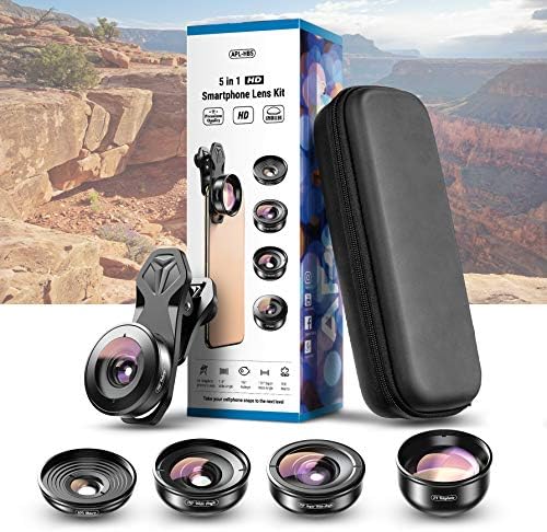 Apexel HD 5in1 Camera Lens Kit,2x Telephoto Zoom Lens + 170 degree Super Wide Lens + 10x Macro Lens +110 Degree Wide Angle Lens+ 195 degree Fisheye for iPhone and Samsung Huawei and most Smartphone