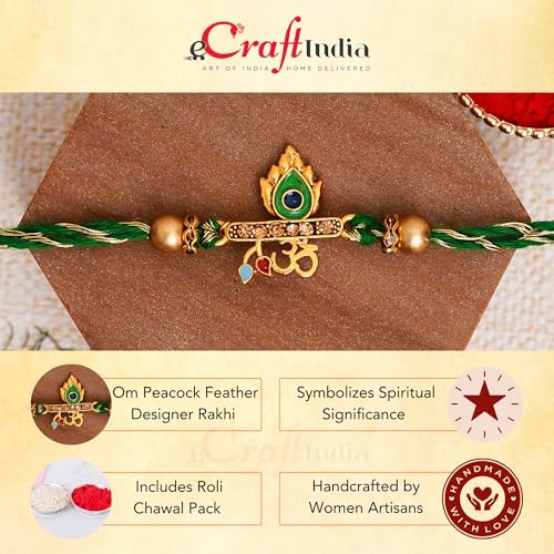 Image of eCraftIndia Green & Golden Om & Peacock Feather Religious Designer Rakhi with Roli Chawal Pack and Best Bro Ever Fridge Magnet - Rakhi for Brother, Bhaiya, Bhai