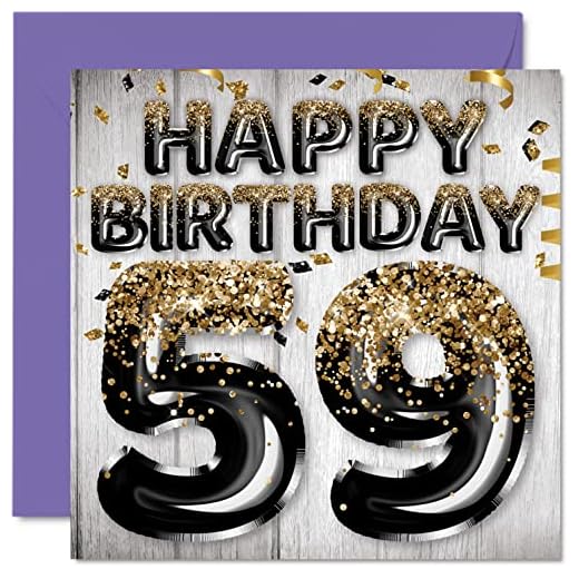 Tarjeta de felicitación de 59 cumpleaños para hombre, globos negros y dorados con purpurina, 145 mmx145 mm, tarjetas de felicitación de cincuenta y nueve años cincuenta y noveno cumpleaños