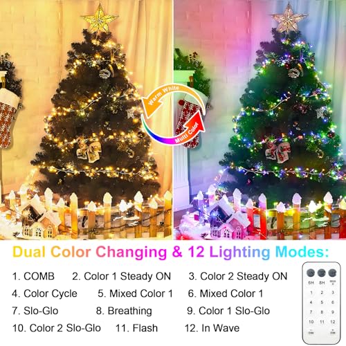 Image of BSGlobal Dual Color Changing Battery Fairy Lights (Warm White & Multicolor) | 10Ft 200 LED Christmas String Lights with Remote Control Timer Twinkle Cluster Light for Bedroom Xmas Tree Garland Decor