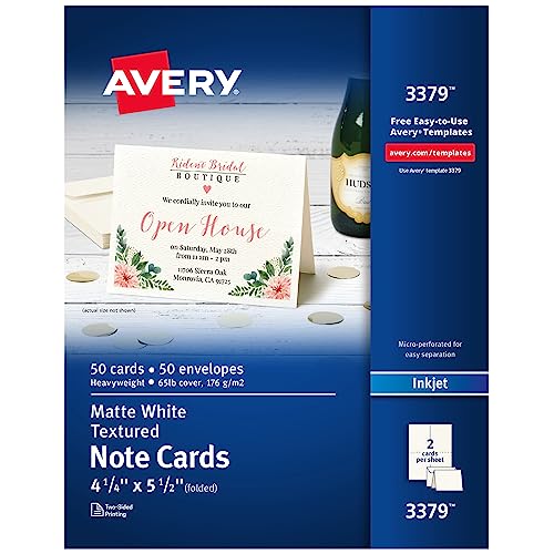 Avery Printable Note Cards, Inkjet Printers, 50 Cards and Envelopes, 4.25 x 5.5, Heavyweight, Textured (3379) for Birthday
