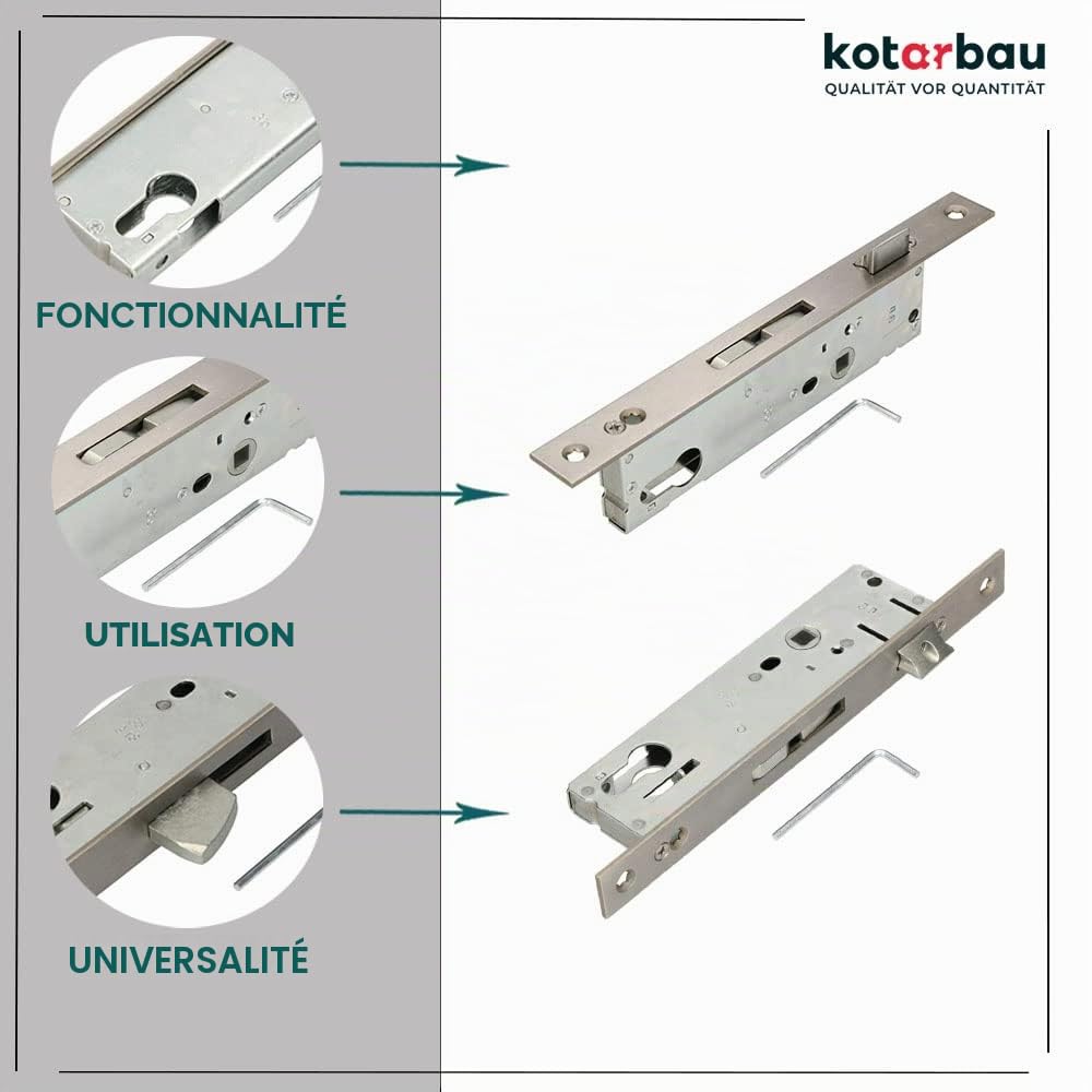 KOTARBAU® Serrure à cadre tubulaire - 92 mm - Distance au canon : 35 mm - En acier inoxydable - Serrure à encastrer pour cylindre profilé gauche/droite (35 mm)