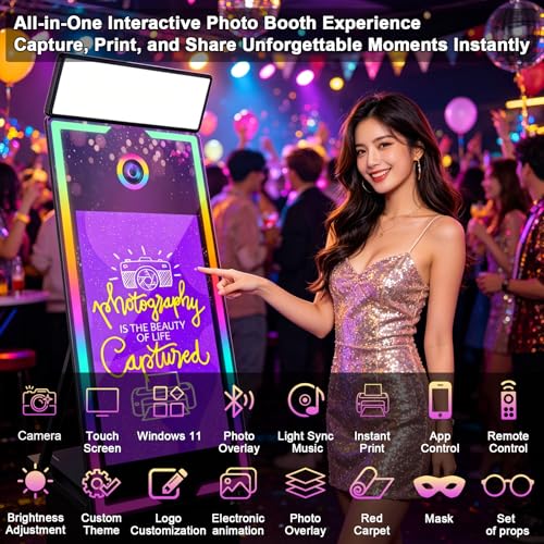 Image of Magic Mirror Photo Booth with Camera and Printer 65'' Mirror Photo Booth with 43'' Interactive Touch Screen Built-in Mini PC with Instant Print Rental Wedding Party (Black+Camera+Printer, 65-43in)