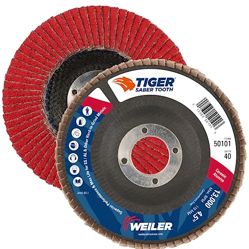 Image of Weiler 50101 Saber Tooth 7 /8 inch Arbor, 4-1 /2 inch Diameter, 40 Grit, Ceramic, Phenolic Backing, Angled Abrasive Flap Disc