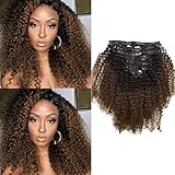 Afro Kinky Curly Afro 4B and 4C Coily Clip ins Hair Extensions Double Weft Top Grade Brazilian Natural Black Hair and Brown Two Tone Hair, 7 Piece, 20 Inch