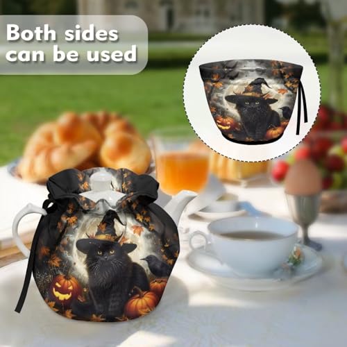 Image of Xoenoiee Black Cat Pumpkin Crow Print Tea Cozy Tea Pot Cover Insulation Tea Cosy Teapot Dust Cover Teapot Warmer for Home Kitchen Teapot Covers Halloween Decor