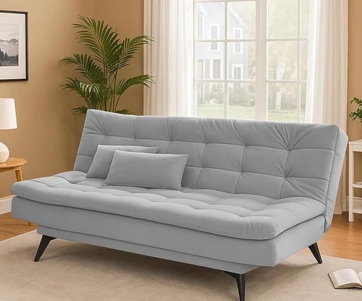 Image of Casaliving Danny Sofa Cum Bed for Living Room Premium Fabric Sofa New 3 Seater Sofa Cum Bed Velvet Fabric with 2 Cushions (Grey) Suitable for All Indoor Sofa Set
