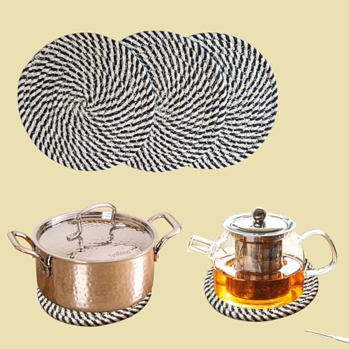 Image of Black Jute Cotton Trivet Set of 3 for Dining Table, Centre Table, Side-Table, and Kitchen Countertop Platform Absorbent, Sturdy. Keep hot Pans, and pots, or planters.(Black, 18 cm)