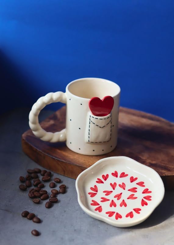 Image of WEAVING HOMES Handcrafted Ceramic Love Letter Mug and Heart Dessert Plate (Set of 2, Multicolor) - Coffee Mugs and Dessert Plates for Birthday Gifts, Mugs for Office and Travel