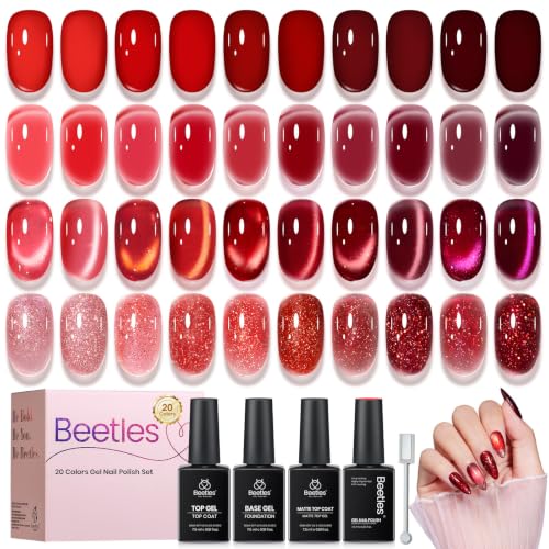 Image of Beetles Red Gel Nail Polish Set, Jelly Glitter Cat Eye Solid Color | 20 Colors Shimmer Magnetic Nail Gel Kit with Base Coat Top Coat Matte Top Coat, LED UV Light Cure Soak Off Nail Art Manicure