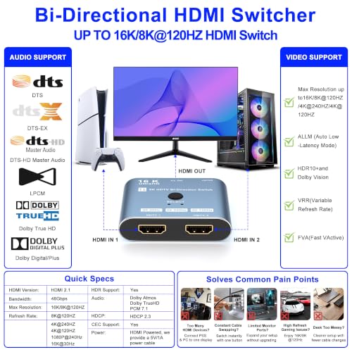 Image of 8K /16K Hdmi 2.1 Switcher 2 in 1 Out, Bidirectional Hdmi Splitter Support 4K@120HZ /240Hz 16K@30Hz /8K@60Hz DTS VRR HDR10+ Dolby, 48Gbps 2 Computers 1 Monitor Hdmi Switch for Switch PS5 Xbox Roku TV