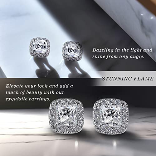 Stunning Flame 18K White Gold Plated Halo Cluster Cubic Zirconia Earrings/Sterling Silver Stud Earrings For Women,Mom And Girls （Asscher) #TOP7