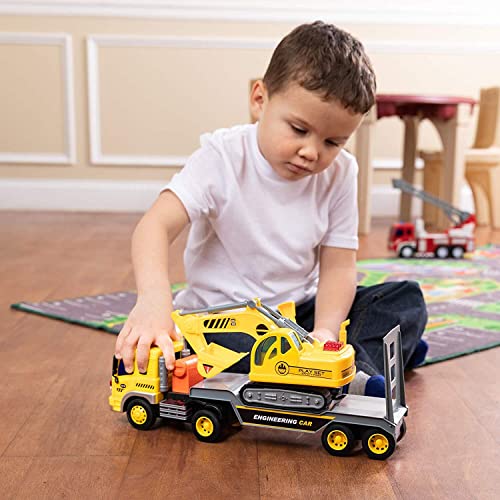 Toythrill Tow Truck With Excavator Toy For Boys 2+ Year Old, Construction Truck Toy With Excavator, Semi Truck With Lights And Sounds, Flatbed Truck Toy Push And Go Construction Vehicle For Kids #TOP5