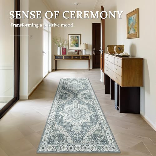 Deerly Vintage Runner Rug 2x6 Hallway Runners Boho Non-Slip Entryway Throw Rug Non-Slip Washable Low-Pile Floor Carpet for Indoor Front Entrance Kitchen Bathroom, Canal Blue/Multi