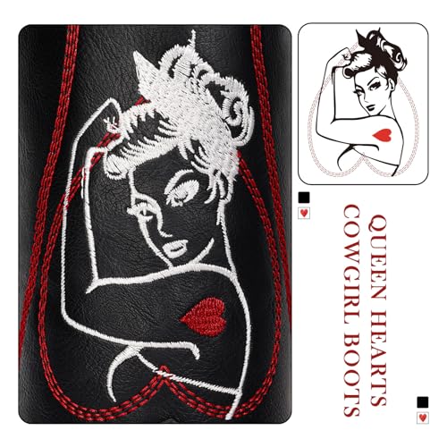 Women's Mid Calf Cowboy Boots - Western Cowgirl Boots with Queen of Hearts Embroidery, Stitched Pointed Toe Pull On Retro Style, Perfect for Parties, Concerts, and More2