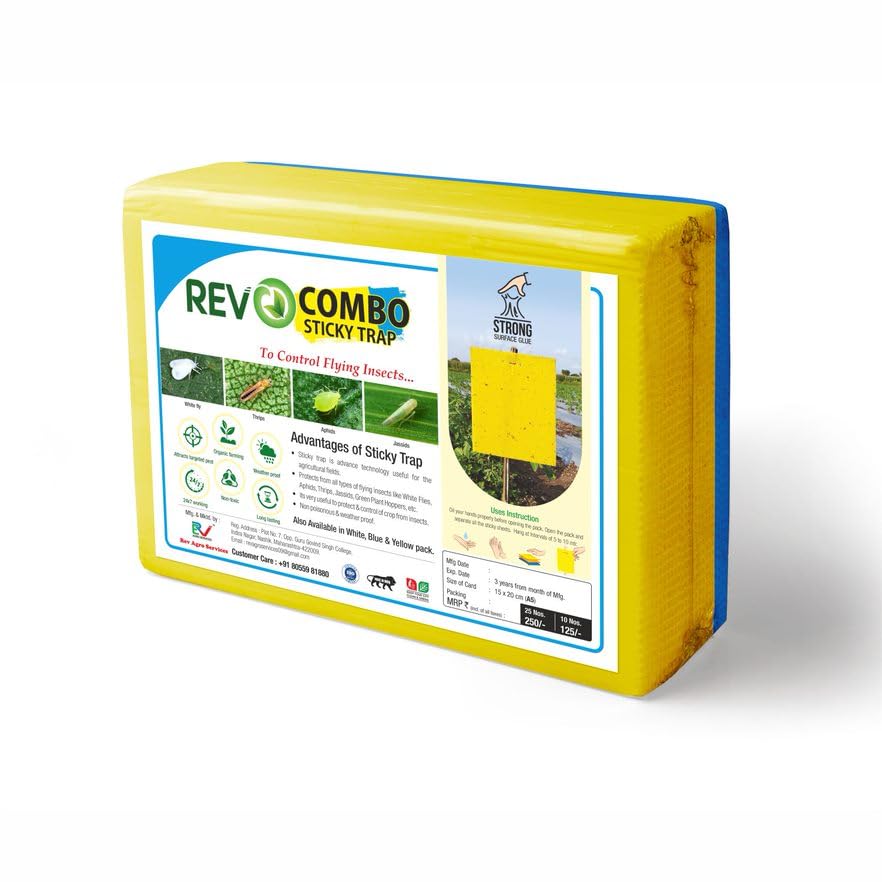 Rev Agro Yellow & Blue Sticky Trap for Insects (Pack of 25 Pieces) | Flying Insect & Pest Control | Sticky Pad for Plants, Agriculture & Garden