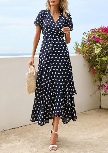 Image of PRETTYGARDEN Women's Summer Wrap Maxi Dress Casual Boho Floral V Neck Short Sleeve Ruffle Hem Split Beach Long Dresses