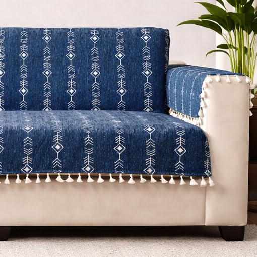 STITCHNEST Chenille Printed Sofa Cover 3 Seater with Hand Rest Covers – Washable Blue Sofa Cover with Tassels – Durable Premium Fabric – Stylish Sofa Protector for Living Room & Furniture Décor-image-49