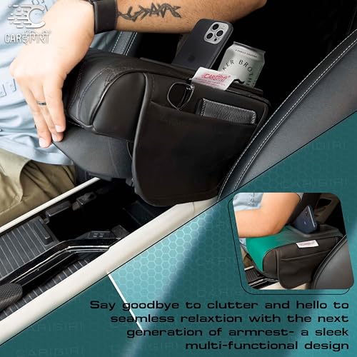 Image of Carigiri Nappa Leatherette,Foam ComfiRest Pro Car Armrest Cushion with Cup Holder| Arm Cushion| Universal for All Cars| Armrest with Mobile Holder (Black,Utility Pockets,Dual Cup Holder,Mobile Holder)