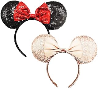 Yeelua Mouse Ears Headband, Sparkly Sequin Cute Bow Hair Bands for Girls Women, Cosplay Costume Top Bow Headwear, Lovely Hair Accessorie for Birthday Party Pake of 2 (Black and Champagne)
