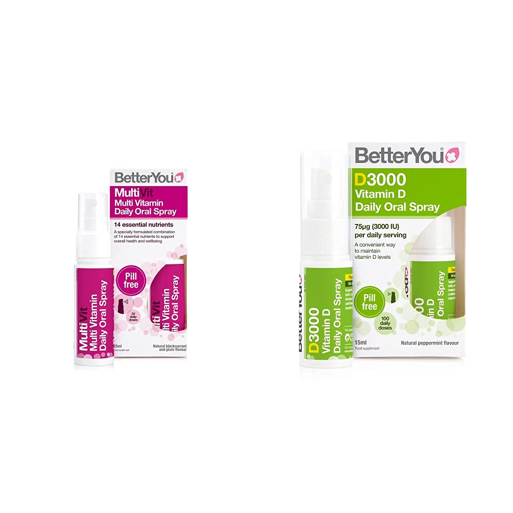 BetterYou, MultiVit Daily Oral Spray 25 ml, Multi Vitamin, 1 Count & D3000 Vitamin D Daily Oral Spray | 3000 IU (75 UG) of Vitamin D3 (Cholecalciferol) | 15 ml (100 Sprays)