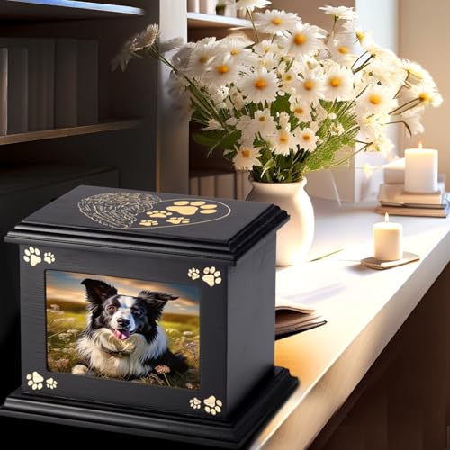 Haustier-Aschebox-Urnen für Hunde-Gedenken XLarge Holz-Feuerbestattungsurnen mit Bilderrahmen Gedenk-Andenken Erinnerungsbox mit schwarzem Flanell als Auskleidung
