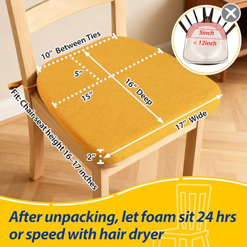 Image of AAAAAcessories D-Shaped Chair Cushions, 2 inch Thick Dining Chair Pads with Ties and Removable, Machine-Washable Cover, 17 inch x 16 inch, Set of 2, Golden Orange