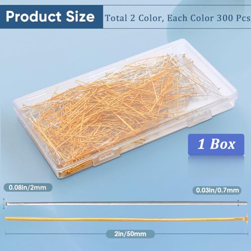 SOFPLATE 1 Box 600Pcs 50mm Gold Silver Straight Pins Bulk Flat Headpins Long Jewellery Pin Findings for Jewellery Making Accessories DIY Dangle Earrings Crafts Women Supplies - Image 2