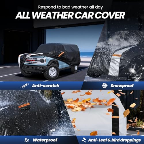 Image of Multi-Layer Car Cover Custom Fit for Ford Bronco 4dr(2020-2026), 100% Waterproof All Weather for Automobiles, Gift with Towel, Heavy Duty Car Covers for Rain Sun UV Protection with Door Zipper