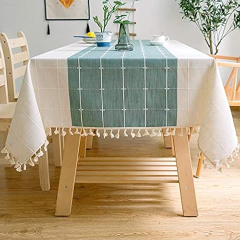 J-MOOSE Feste rechteckige Tischdecke aus Baumwolle und Leinen mit Karomuster und Quasten Cover