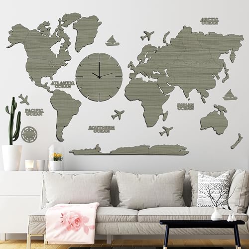 Image of rawpockets - 3D Wooden World Map With Clock Wall Decor | Wall Art, Wall Hangings & Gift | Travel Map | Living Room & Bedroom Wall | Working Space - Grey Wood Color - Small Size (110 X 65 CM)