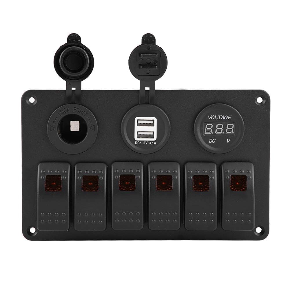 Panel Przełączników, 12V 24V 6 Gang Car Boat Marine LED Panel Przełączników Kołyskowych Podwójny Woltomierz USB Zapalniczka(Pomarańczowy)