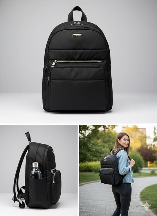 Image of Premium Designer Women's Backpack Purse - Stylish Nylon Backpack for Women, Fashion Travel Daypack with Anti-Theft Pocket, Lightweight & Durable Travel & Office Bag with Gold Zipper