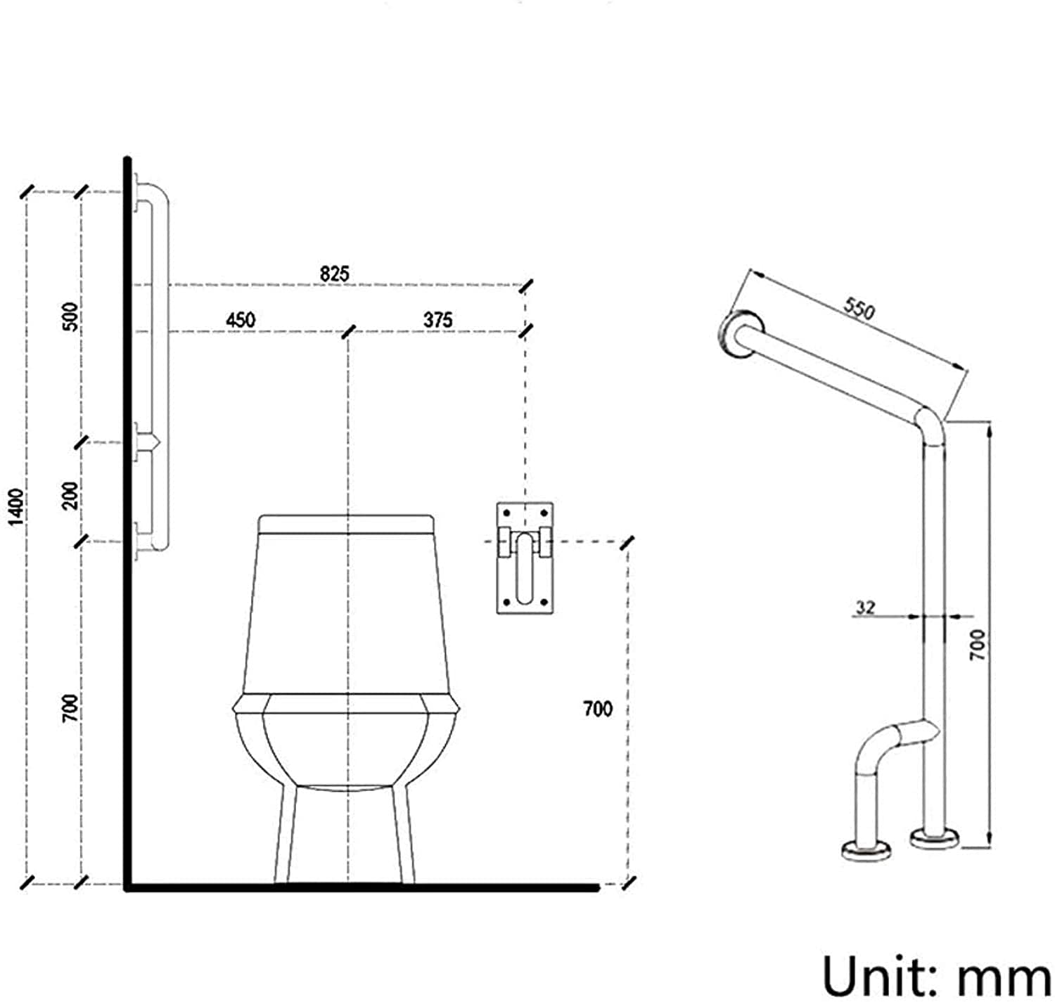 Grab Bars Łazienka Uchwyt Antypoślizgowy Wanna Poręcz Uchwyt Senior Balance Assist Toaleta Bezpieczeństwo Poręcz Uchwyt w kształcie litery L Ochrona bezpieczeństwa Akcesoria łazienkowe, po lewej stronie