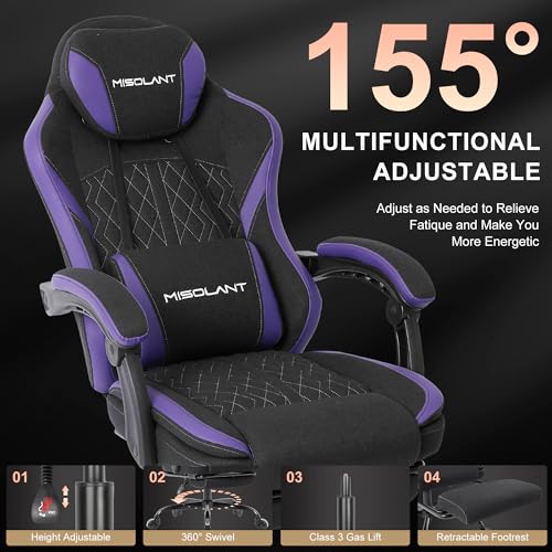 Image of Misolant Gaming Chair, Fabric Gamer Chair with footrest for Adults, High Back Ergonomic Computer Game Chair with Adjustable Headrest and Massage Lumbar Support, 90-155 Recline Free, Purple