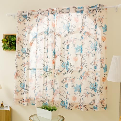 Image of Story@Home Window Curtains 5 Feet Long Set of 1 | Floral Printed | Semi Transparent Curtain | Net Curtains | Sheer Curtain for Living Room | (118 X 152 Cm, Cream & Blue) | Perfect for Home Decor