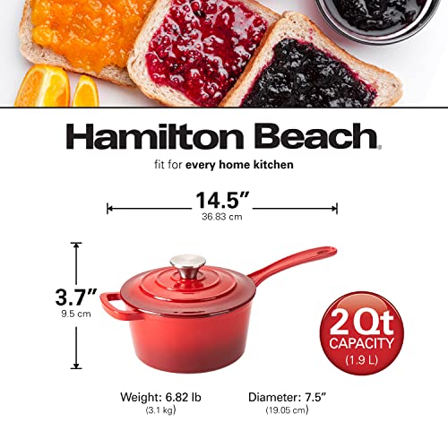 Hamilton Beach Enameled Cast Iron Sauce Pan 2-Quart Red, Cream Enamel Coating, Pot For Stove Top And Oven Cooking, Even Heat Distribution, Safe Up To 400 Degrees, Smooth And Durable #TOP5