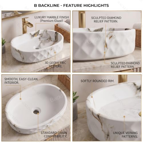 Image of Backline Ceramic Table Top Wash Basin 50 x 32 x 14 cm | White Matt Finish Counter Top Bathroom Sink | Premium Above Counter Wash Basin | Modern Oval Designer Basin