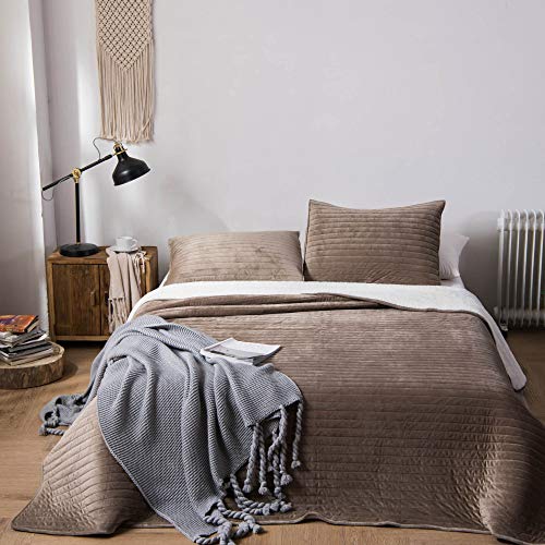 Kasentex Plush Poly Velvet Lavish Design Quilt Set With Reversible Fleece Micromink Sherpa - Luxurious Bedding Soft & Warm Comforter Machine Washable Comforter (Taupe Brown, King + 2 Shams) #TOP1