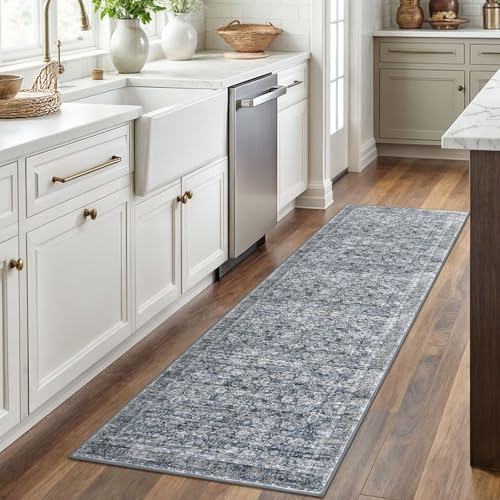 2x6 Grey Brown Washable Runner Rug for Hallways, Soft Neutral Vintage Kitchen Rugs with Non-Slip, Non-Shedding Distressed Floral Rug for Bedroom Kitchen Porch Laundry Entryway