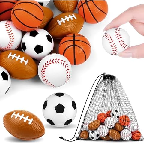 Aodaer 24 Pack Mini Mixed Sports Stress Balls with Drawstring Mesh Bag Fidget Toys for Adults Soft Foam Balls for Sports Party Favor Gifts Cover