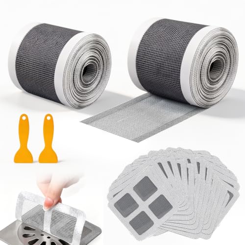 Odpływ prysznicowy, łapacz włosów, 2 rolki, sitko odpływowe, 12 x 1000 cm i 100 sztuk, sitko do włosów, 10 x 10 cm, gęste sitko z siateczki, z 2 praktycznymi plastikowymi szpatułkami do zlewozmywaków