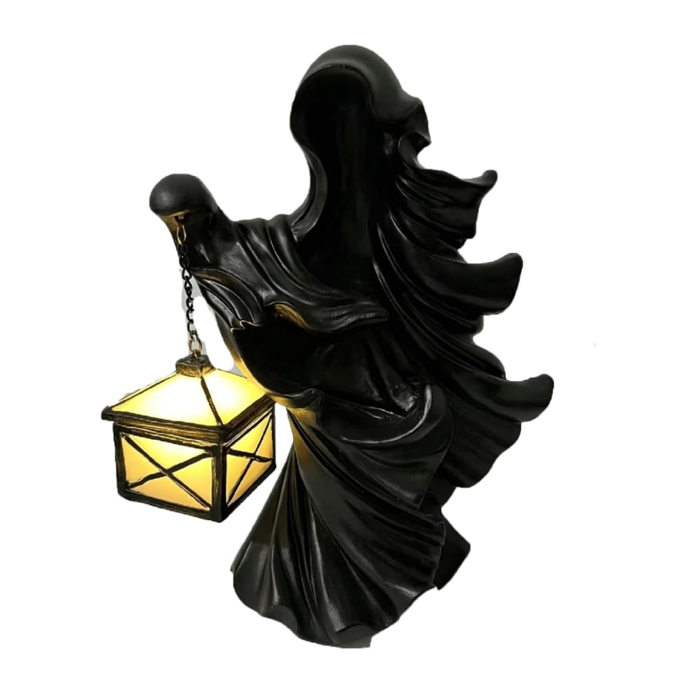 ​Resin Ghost Sculpture with Lantern, LED Lighted Reaper Statue for Halloween Decor, Spooky Faceless Ghost Figurine for Indoor, Patio, Garden and Party Decoration -Black