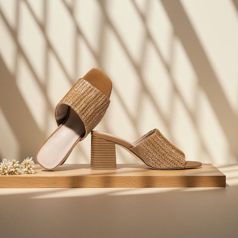 Image of Ancomafio Heeled Sandals for Women，Raffia Sandals 2026 Chunky Heels Square Toe Mules Block Summer Shoes Slip On