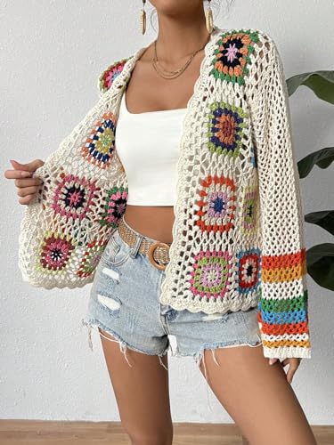 SHENHE Women's Floral Crochet Cardigan Hollow Out Open Front Long Sleeve Cardigan Sweater4