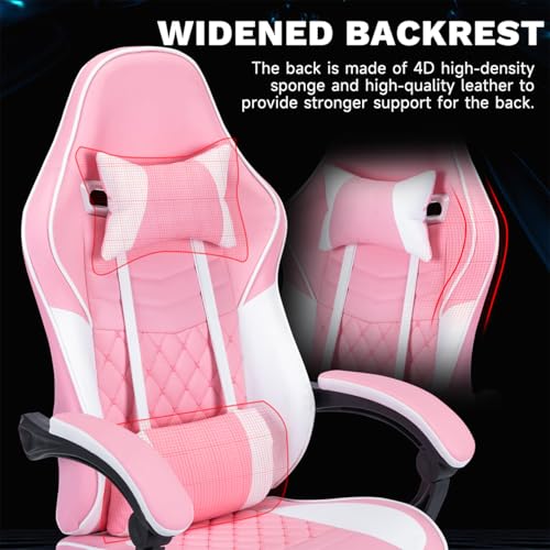 Image of Gaming Desk Chair for Adults, Ergonomic Gaming Chair (Pink+White) | with Footrest Headrest and Lumbar Support, Leather Material Height Adjustable Computer Video Game Chairs