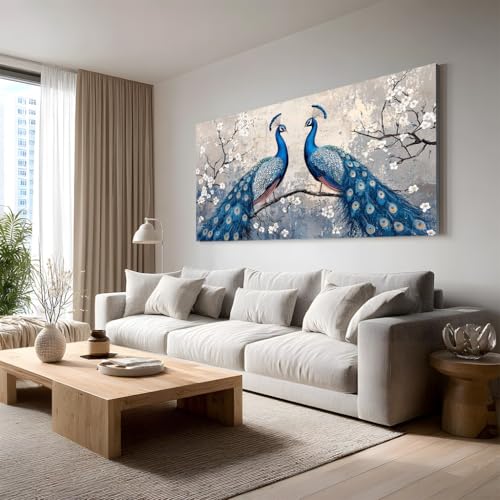 Grand tableau peinture botanique paon fleurs pour decoration murale de salon 50x100