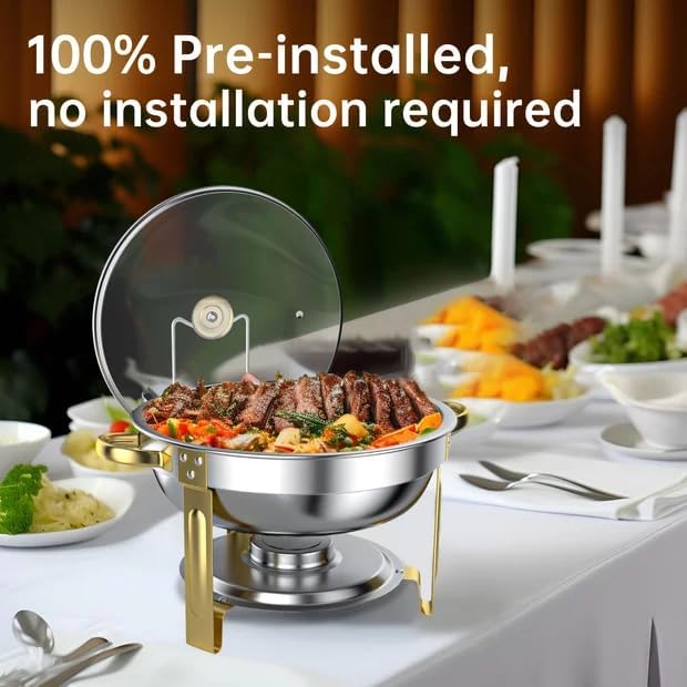 chafing dishes for buffet set: 100% pre-installed chafers for catering - round chafing dish buffet set with lids | chafers and buffet warmers sets | serving food warmer | chafers servers sets 4 pack